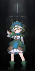 Rule 34 | 1boy, 1girl, bondrewd, boots, commentary, copyright name, full body, gloves, green hair, hat, highres, looking at viewer, made in abyss, meinya (made in abyss), necktie, persocon93, pouch, prushka, red eyes, smile, standing, white hair