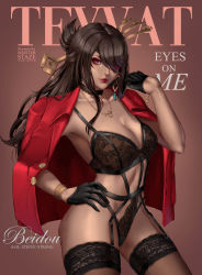 Rule 34 | 1girl, absurdres, alternate costume, beidou (genshin impact), black bra, black gloves, bra, bracelet, breasts, chain, character name, choker, collarbone, commentary, cover, earrings, english commentary, english text, eyepatch, garter belt, genshin impact, gloves, hair ornament, hair stick, hairpin, highres, jacket, jewelry, lace, large breasts, lingerie, magazine cover, meister staze, necklace, one eye covered, panties, panties over garter belt, pants, colored eyepatch, red eyes, red jacket, solo, thighhighs, underwear