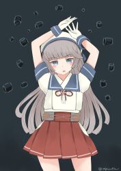 Rule 34 | 1girl, absurdres, arms up, black background, blue sailor collar, blurry, cowboy shot, depth of field, gloves, green eyes, grey hair, hat, highres, hip vent, kantai collection, long hair, looking at viewer, low twintails, mikura (kancolle), one-hour drawing challenge, pleated skirt, puffy short sleeves, puffy sleeves, red skirt, sailor collar, sailor hat, sailor shirt, school uniform, serafuku, shirt, short sleeves, simple background, skirt, solo, toplow, twintails, white gloves, white hat, white shirt