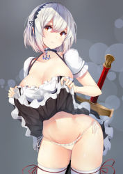 Rule 34 | 1girl, anchor, azur lane, blush, breasts, choker, cleavage, clothes lift, collarbone, dress, dress lift, frilled dress, frilled sleeves, frills, groin, hair between eyes, hairband, highres, irohara, lace-trimmed hairband, lace trim, large breasts, looking at viewer, navel, panties, puffy sleeves, red eyes, red ribbon, ribbon, short hair, short sleeves, side-tie panties, sidelocks, simple background, sirius (azur lane), solo, standing, stomach, sword, thighhighs, underwear, weapon, white hair, white panties, white thighhighs
