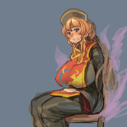 Rule 34 | 1girl, alternate hairstyle, black dress, blonde hair, blue background, blush, breasts, brown eyes, chair, chanta (ayatakaoisii), chinese clothes, dress, embarrassed, energy, fox tail, from side, hair up, hand on lap, hat, huge breasts, junko (touhou), long sleeves, looking at viewer, mature female, multiple tails, sagging breasts, sidelocks, sideways glance, simple background, sitting, sketch, solo, sweat, tabard, tail, touhou, wide sleeves
