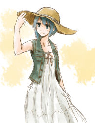 Rule 34 | 10s, 1girl, bare shoulders, blue eyes, blue hair, collarbone, dress, face, hat, jikasei, magical girl, mahou shoujo madoka magica, mahou shoujo madoka magica (anime), matching hair/eyes, miki sayaka, short hair, sketch, solo, sun hat, sundress