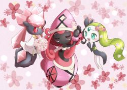 Rule 34 | 3girls, :d, aqua eyes, artist name, black dress, black skin, blue flower, blush, bouquet, colored skin, creatures (company), crystal hair, diancie, dress, closed eyes, floral background, flower, forehead jewel, game freak, gen 5 pokemon, gen 6 pokemon, gen 7 pokemon, green hair, grey skin, hair flower, hair ornament, hat, headset, highres, holding, holding bouquet, legendary pokemon, long hair, looking at another, meloetta, meloetta (aria), multiple girls, mythical pokemon, nintendo, open mouth, pink background, pink eyes, pink flower, pink hair, pink headwear, pokemon, pokemon (creature), rock, saki pokeoekaki, sidelocks, smile, strapless, tapu lele, tube top, tube top, very long hair, white dress, white skin, white tube top, yellow flower