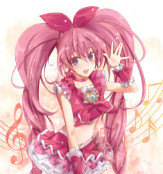 Rule 34 | 10s, 1girl, blue eyes, blush, bow, brooch, choker, cure melody, frilled skirt, frills, hair ribbon, heart, houjou hibiki, jewelry, loki, long hair, looking at viewer, magical girl, midriff, musical note, navel, open mouth, pink bow, pink hair, ploki, precure, ribbon, skirt, solo, suite precure, twintails
