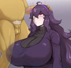 Rule 34 | 1girl, @ @, ahoge, breasts, creature, creatures (company), dress, exabyte (parallax05), game freak, gen 1 pokemon, gigantic breasts, hairband, hand on another&#039;s head, hex maniac (pokemon), highres, hypno, hypnosis, long hair, messy hair, mind control, nintendo, pendulum, penis, pokemon, pokemon (creature), pokemon xy, purple eyes, purple hair, purple hairband, solo focus