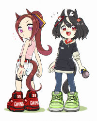 Rule 34 | 2girls, :d, absurdres, ahoge, animal ears, appleq, bare arms, bare shoulders, bike shorts, black hair, black hoodie, black shorts, blue pants, brown hair, collared shirt, colored shadow, drawstring, flower-shaped pupils, green footwear, grey background, hair between eyes, highres, holding, holding microphone, hood, hood down, hoodie, horse ears, horse girl, horse tail, kitasan black (umamusume), microphone, multicolored hair, multiple girls, open mouth, pants, pink shirt, ponytail, purple eyes, red eyes, red footwear, red shirt, sakura bakushin o (umamusume), shadow, shirt, shoes, short shorts, shorts, shorts under shorts, sidelocks, simple background, sleeveless, sleeveless shirt, smile, streaked hair, symbol-shaped pupils, tail, teeth, two side up, umamusume, upper teeth only, white hair, white shorts