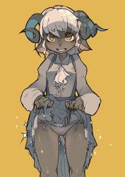 Rule 34 | 1girl, animal ears, bad id, bad pixiv id, breasts, clothes lift, covered erect nipples, female pubic hair, furry, furry female, goat ears, goat eyes, goat horns, grin, horns, idkuroi, long sleeves, original, panties, pubic hair, simple background, skirt, skirt lift, slit pupils, small breasts, smile, snout, solo, sparkle, tail, underwear, white hair, yellow background, yellow eyes