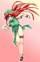Rule 34 | 1girl, bare shoulders, blue eyes, breasts, china dress, chinese clothes, dress, female focus, full body, gradient background, highres, hong meiling, immaterial and missing power, long hair, red hair, solo, takadoya, touhou, very long hair