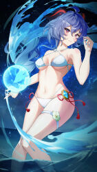 Rule 34 | 1girl, absurdres, ahoge, bikini, blue hair, blush, breasts, chinese knot, commentary request, flower, flower knot, ganyu (genshin impact), genshin impact, highres, horns, legs together, long hair, looking at viewer, medium breasts, navel, orb, parted lips, partial commentary, purple eyes, qilin (mythology), qingxin flower, sidelocks, smile, solo, standing, sumeragi usagi, swimsuit, tassel, thighs, vision (genshin impact), white bikini, white flower