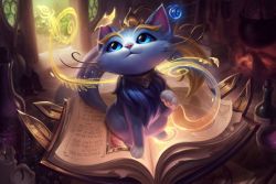 Rule 34 | 1girl, blue eyes, book, cat, choker, league of legends, no humans, official art, tail, yuumi (league of legends)