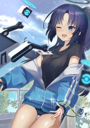 Rule 34 | 1girl, absurdres, black shirt, blue archive, blue eyes, blue hair, blue jacket, blurry, blurry foreground, breasts, buruma, cloud, cowboy shot, drone, e buki, highres, id card, jacket, long hair, medallion, off shoulder, one eye closed, open mouth, outdoors, parted bangs, ponytail, shirt, sidelocks, small breasts, smile, solo, sparkle, sticker on face, yuuka (blue archive), yuuka (track) (blue archive)