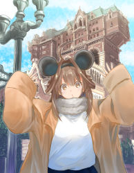 Rule 34 | 1girl, absurdres, ahoge, alternate costume, arms up, blue sky, brown coat, brown hair, building, chicken99, cloud, coat, commentary request, cowboy shot, day, disneyland, double bun, fur-trimmed coat, fur trim, highres, kantai collection, kongou (kancolle), lamppost, long hair, looking at viewer, outdoors, purple eyes, road sign, sign, sky, solo, sweater, upper body, white sweater