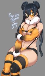 Rule 34 | 1girl, 2020, agawa ryou, artist name, bare shoulders, black hair, breasts, commentary, dated, domino mask, grey background, large breasts, long hair, mask, muscular, original, signature, simple background, sitting, solo, striped clothes, striped legwear, striped thighhighs, thighhighs, wide hips