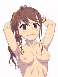 Rule 34 | 1girl, 22/7, arms behind head, arms up, blush, breasts, brown eyes, brown hair, collarbone, completely nude, depa mi, highres, long hair, looking at viewer, medium breasts, nipples, nude, ponytail, ribs, side ponytail, simple background, smile, solo, toda jun, white background
