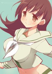 Rule 34 | 10s, 1girl, 9law, bad id, bad pixiv id, breasts, brown eyes, brown hair, highres, kantai collection, large breasts, long hair, ooi (kancolle), personification, school uniform, serafuku, smile, solo