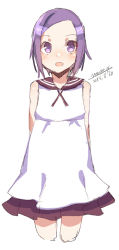 Rule 34 | 1girl, :d, bare shoulders, blush, brown sailor collar, cropped legs, dated, dress, forehead, looking at viewer, maze (gochama ze gohan), open mouth, original, parted bangs, purple eyes, purple hair, sailor collar, sailor dress, signature, simple background, sketch, sleeveless, sleeveless dress, smile, solo, white background, white dress