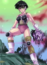 Rule 34 | 1girl, armor, black hair, blood, boots, dragon ball, dragonball z, evil grin, evil smile, gloves, grin, injury, knee pads, leggings, leotard, looking at viewer, scar, scouter, scratches, seripa, short hair, smile, tail, yellow eyes