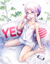 Rule 34 | 1girl, ajigo, alternate hairstyle, animal print, arm support, bare arms, bare shoulders, barefoot, bed sheet, bloomers, braid, cable, camisole, cellphone, collarbone, cup, drinking, flat chest, frilled pillow, frills, full body, glasses, hair ornament, hairclip, headphones, heart, highres, holding, holding cup, long hair, phone, pillow, plant, purple eyes, rabbit print, red-framed eyewear, short hair with long locks, sitting, smartphone, solo, strap slip, twin braids, underwear, underwear only, vocaloid, voiceroid, wariza, white bloomers, yes, yes-no pillow, yuzuki yukari