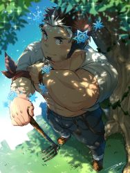 Rule 34 | 1boy, abs, alternate costume, bandana, bara, beard, biceps, blush, bracelet, brown hair, bulge, facial hair, garden, gardening, goatee, gradient hair, green eyes, highres, ice, jewelry, large pectorals, long sideburns, looking at viewer, male focus, multicolored eyes, multicolored hair, muscular, navel, nipples, pectorals, pointy ears, shirt, shoes, sideburns, smile, snowflakes, solo, sparkle, sweatdrop, tepen (tptptpn), thick eyebrows, tokyo houkago summoners, tomte (housamo), two-tone hair, undressing, white hair