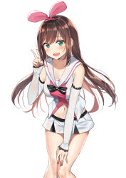 Rule 34 | 1girl, :d, aqua eyes, bad id, bad pixiv id, black ribbon, blush, breasts, brown hair, cleavage, closed eyes, collarbone, detached sleeves, feet out of frame, hairband, hand on own knee, highres, kizuna ai, kizuna ai inc., long hair, long sleeves, looking at viewer, medium breasts, miniskirt, multicolored hair, nail polish, open mouth, pink hair, pink hairband, pink nails, ribbon, round eyewear, sabet (young ouo), sailor collar, shirt, simple background, skirt, smile, solo, standing, streaked hair, teeth, thighs, upper teeth only, v, virtual youtuber, white background, white sailor collar, white shirt, white skirt
