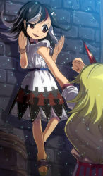 Rule 34 | 2girls, against wall, barrel, black hair, blonde hair, bow, bracelet, brick wall, brown eyes, clenched hand, dress, dress grab, feet, flip-flops, hand up, hands up, highres, horns, hoshiguma yuugi, jewelry, kijin seija, lifting person, light particles, long hair, looking at viewer, looking down, multicolored clothes, multicolored dress, multicolored hair, multiple girls, open mouth, raised eyebrow, raised fist, red eyes, sandals, shadow, shirt, short hair, short sleeves, single horn, smile, sweat, sweatdrop, syope, tongue, touhou, wall, white hair, wristband