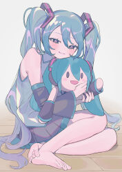 Rule 34 | 1girl, absurdres, aqua hair, bare shoulders, barefoot, black skirt, blush, character doll, commentary, detached sleeves, grey shirt, hair between eyes, hair ornament, hakudaku, hatsune miku, highres, holding, long hair, looking at viewer, necktie, on floor, parted lips, pleated skirt, shirt, simple background, sitting, skirt, sleeveless, sleeveless shirt, solo, symbol-only commentary, twintails, very long hair, vocaloid