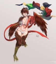 Rule 34 | 1girl, :d, artist name, belly chain, bikini, bird legs, breasts, brown eyes, brown feathers, brown hair, cleavage, dated commentary, feathered wings, feathers, flower, full body, grey background, groin, hair between eyes, hair flower, hair ornament, harpy, highres, hunyan, jewelry, large breasts, looking at viewer, lower teeth only, messy hair, midriff, monster girl, navel, necklace, open mouth, original, red ribbon, ribbon, short hair, sidelocks, simple background, smile, solo, swimsuit, talons, teeth, white bikini, winged arms, wings