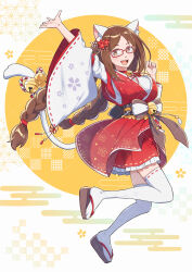 Rule 34 | 1girl, animal ears, arm up, bell, bow, braid, breasts, brown eyes, brown hair, cat ears, cat girl, character request, commission, floral print, frills, geta, glasses, hair ornament, japanese clothes, jumping, kanzashi, kizuka uri, long hair, long sleeves, looking at viewer, medium breasts, neck bell, obi, open mouth, original, parted bangs, red-framed eyewear, ribbon-trimmed legwear, ribbon trim, sash, skeb commission, smile, solo, teeth, thighhighs, twin braids, very long hair, wide sleeves