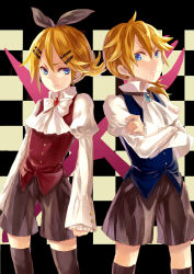 Rule 34 | 1boy, 1girl, absurdres, bad id, bad pixiv id, blonde hair, blue eyes, bow, brother and sister, ascot, crossed arms, fork, formal, hair bow, hair ornament, hairclip, highres, kagamine len, kagamine rin, knife, kurenai907, ponytail, shorts, siblings, twins, vest, vocaloid