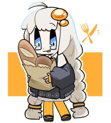 Rule 34 | 1girl, ahoge, bag, baguette, black dress, black jacket, blue eyes, blush, braid, bread, chibi, closed mouth, commentary request, dress, food, full body, fur-trimmed jacket, fur trim, grocery bag, hair ornament, highres, holding, holding bag, jacket, kizuna akari, licking lips, long hair, looking at viewer, open clothes, open jacket, orange background, orange pantyhose, outline, pantyhose, raised eyebrows, shopping bag, smile, solo, standing, striped clothes, striped pantyhose, tokonoma q, tongue, tongue out, twin braids, two-tone background, utensil, vertical-striped clothes, vertical-striped pantyhose, very long hair, vocaloid, voiceroid, white background, white hair, white outline