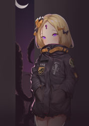 Rule 34 | 1girl, abigail williams (fate), abigail williams (traveling outfit) (fate), absurdres, belt, black bow, black jacket, blonde hair, blush, bow, crescent moon, fate/grand order, fate (series), forehead, hair bow, hands in pockets, heroic spirit traveling outfit, high collar, highres, hip focus, jacket, keyhole, long hair, long sleeves, looking at viewer, moon, official alternate costume, orange bow, parted bangs, polka dot, polka dot bow, purple eyes, shinkuwauri, solo, tentacles, thighs