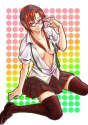 Rule 34 | 00s, 1girl, blue eyes, breasts, brown hair, center opening, evangelion: 2.0 you can (not) advance, glasses, hairband, legs, long hair, makinami mari illustrious, muccky, necktie, neon genesis evangelion, open clothes, open shirt, plaid, plaid skirt, rebuild of evangelion, shirt, skirt, solo, thighhighs, twintails