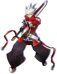 Rule 34 | 1boy, belt, black gloves, black pants, blazblue, blazblue: central fiction, coat, full body, gloves, green eyes, heterochromia, highres, katou yuuki, looking at viewer, male focus, official art, pants, ragna the bloodedge, red eyes, red footwear, reverse grip, serious, shadow, shoes, solo, spiked hair, standing, sword, weapon, white background, white hair