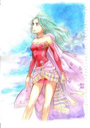 Rule 34 | 1girl, breasts, cleavage, closed mouth, commentary request, dress, earrings, elbow gloves, final fantasy, final fantasy vi, gloves, green hair, hair down, jewelry, long hair, no legwear, sash, sio2 (nisankakeiso), solo, tina branford