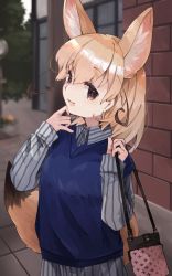 Rule 34 | 1girl, alternate costume, animal ears, blonde hair, blue shirt, brown eyes, casual, collared shirt, commentary request, extra ears, fennec (kemono friends), fox ears, fox girl, fox tail, highres, kemono friends, long sleeves, looking at viewer, nanana (nanana iz), pink bag, shirt, short hair, short sleeves, solo, striped clothes, striped shirt, t-shirt, tail, two-tone shirt