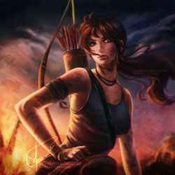 Rule 34 | 1girl, armband, arrow (projectile), axsen, blurry, bow (weapon), brown eyes, brown hair, cuts, dirty, dirty face, injury, jewelry, lara croft, lips, necklace, ponytail, quiver, signature, solo, tank top, tomb raider, tomb raider (reboot), watermark, weapon, web address
