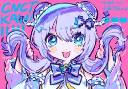 Rule 34 | 1girl, blue bow, blue eyes, blue hair, blue nails, blush, bow, dated, detached sleeves, double bun, hair between eyes, hair bun, hair ornament, hands up, highres, holding, holding hair, infinity symbol, kiato, long hair, long sleeves, looking at viewer, nail polish, original, pink background, signature, smile, solo, star (symbol), straight-on, tongue, tongue out, upper body