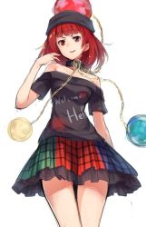 Rule 34 | &gt;:), 1girl, bare shoulders, black shirt, blunt bangs, chain, clothes writing, collar, cowboy shot, earth (ornament), gold chain, hecatia lapislazuli, highres, looking at viewer, moon (ornament), multicolored clothes, multicolored skirt, oborofu, off-shoulder shirt, off shoulder, parted lips, red eyes, red hair, shirt, skirt, smile, solo, t-shirt, touhou, v-shaped eyebrows