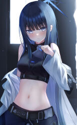 Rule 34 | 1girl, absurdres, armband, bare shoulders, belt, black belt, black hair, black mask, black pants, black shirt, blue archive, blue eyes, blunt bangs, blush, breasts, buckle, chest harness, closed mouth, coat, commentary, cowboy shot, cpk prd, crop top, groin, halo, harness, highres, holding, holding mask, long hair, looking at viewer, mask, medium breasts, midriff, mouth mask, navel, off shoulder, pants, saori (blue archive), shirt, sleeveless, sleeveless shirt, snap-fit buckle, solo, underbust, unworn mask, white coat