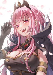 Rule 34 | 1girl, black cape, black dress, blush, breasts, cape, cleavage, collared cape, dress, falling petals, fangs, high collar, highres, hololive, hololive english, large breasts, long hair, looking at viewer, mori calliope, mori calliope (1st costume), open mouth, petals, pink eyes, pink hair, rainbow--chaser, smile, upper body, virtual youtuber, white background