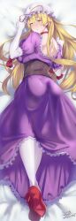 Rule 34 | 1girl, absurdres, ass, backless dress, backless outfit, blonde hair, blush, bow, commission, corset, dakimakura (medium), dress, elbow gloves, from behind, gloves, hair bow, hat, high heels, highres, long hair, mob cap, purple dress, red footwear, red ribbon, ribbon, skeb commission, thighhighs, touhou, white gloves, white thighhighs, yakumo yukari, yellow eyes, yujin (kanouyuuto-0423)