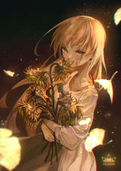 Rule 34 | 1girl, black background, blonde hair, breasts, commentary request, covered mouth, cowboy shot, dress, falling leaves, floating hair, flower, flower over mouth, ginkgo leaf, highres, holding, holding flower, huion, leaf, light particles, long hair, long sleeves, looking afar, marutani, original, sad, simple background, solo, sundress, sunflower, sunlight, very long hair, white dress, wilted flower, wind, withered, yellow eyes