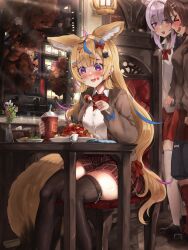 3girls absurdres alternate_costume animal_ear_fluff animal_ears black_thighhighs blonde_hair blue_hair blunt_bangs bow bowtie brown_cardigan cardigan center-flap_bangs character_hair_ornament commentary decora double-parted_bangs eating english_commentary food food_on_face fork fox_ears fox_girl fox_tail hair_bow hair_ornament hairclip highres holding holding_fork holding_hands hololive indoors inugami_korone long_hair long_sleeves looking_at_food minus_zero69 multicolored_hair multiple_girls napolitan nekko_(momosuzu_nene) nekomata_okayu omaru_polka on_chair pasta pink_hair pink_skirt pleated_skirt red_bow red_bowtie red_skirt restaurant ribbon-trimmed_thighhighs ribbon_trim school_uniform shirt sitting skirt solo_focus spaghetti_strap ssrb_(shishiro_botan) streaked_hair tail thick_thighs thighhighs thighs virtual_youtuber white_shirt zettai_ryouiki