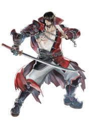 Rule 34 | 1boy, arm guards, asymmetrical clothes, beard, black hair, bloodstained: curse of the moon 2, bloodstained: ritual of the night, boots, facial hair, full body, hair over one eye, highres, katana, male focus, mechanical arms, natsume yuji, official art, ofuda, scar, shin guards, simple background, single mechanical arm, solo, spiked footwear, standing, sword, weapon, zangetsu (bloodstained)