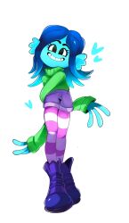 Rule 34 | 1girl, blue skin, boots, colored skin, highres, long arms, monster girl, ruby gillman: teenage kraken, ruby gillman (character), shorts, squid girl, striped clothes, striped thighhighs, sweater, teeth, thighhighs