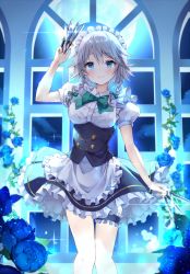 Rule 34 | 1girl, apron, arm up, between fingers, blouse, blue eyes, blue flower, blue rose, blue skirt, blue vest, blush, braid, breasts, bridal garter, commentary, feet out of frame, flower, full moon, glint, highres, holding, holding knife, indoors, izayoi sakuya, knife, light particles, looking at viewer, maid headdress, mayo (miyusa), medium breasts, moon, neck ribbon, night, petticoat, puffy short sleeves, puffy sleeves, ribbon, rose, shirt, short hair, short sleeves, silver hair, skirt, smile, solo, standing, touhou, twin braids, vest, waist apron, white shirt, window