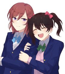 Rule 34 | 2girls, arm grab, black hair, blue bow, blue bowtie, blue jacket, blush, bow, bowtie, closed eyes, closed mouth, collared shirt, commentary request, green bow, green bowtie, highres, jacket, kiruto (artar 12), long sleeves, looking at another, love live!, love live! school idol project, multiple girls, nishikino maki, open clothes, open jacket, open mouth, otonokizaka school uniform, purple eyes, red hair, school uniform, shirt, short hair, striped bow, striped bowtie, striped clothes, twintails, upper body, white background, white shirt, winter uniform, yazawa nico