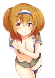 Rule 34 | 10s, 1girl, ashino, blush, breasts, brown eyes, covering privates, covering breasts, crossed arms, hairband, i-26 (kancolle), kantai collection, large breasts, light brown hair, long hair, looking at viewer, navel, nipples, solo, swimsuit, swimsuit under clothes, torn clothes, two-tone hairband, two side up, white background