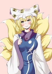 Rule 34 | 1girl, animal ears, animal hat, blonde hair, blush, breasts, dress, fox ears, fox tail, hat, highres, large breasts, mob cap, multiple tails, parted lips, mob cap, pink background, short hair, simple background, smile, solo, sunaguma, tabard, tail, touhou, upper body, white dress, wide sleeves, yakumo ran, yellow eyes