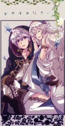 Rule 34 | 1boy, 1girl, bug, butterfly, closed eyes, corrin (female) (fire emblem), corrin (fire emblem), corruption, dark persona, dress, fire emblem, fire emblem awakening, fire emblem fates, fire emblem heroes, gloves, grima (fire emblem), highres, hood, hood up, insect, intelligent systems, kiriya (552260), long hair, long sleeves, nintendo, official alternate costume, parted lips, pointy ears, possessed, possession, robe, robin (fire emblem), robin (male) (fire emblem), short hair, veil, white dress, white hair, white legwear